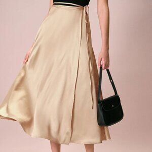 The Khaki Satin Lace-Up Wrap Midi Skirt